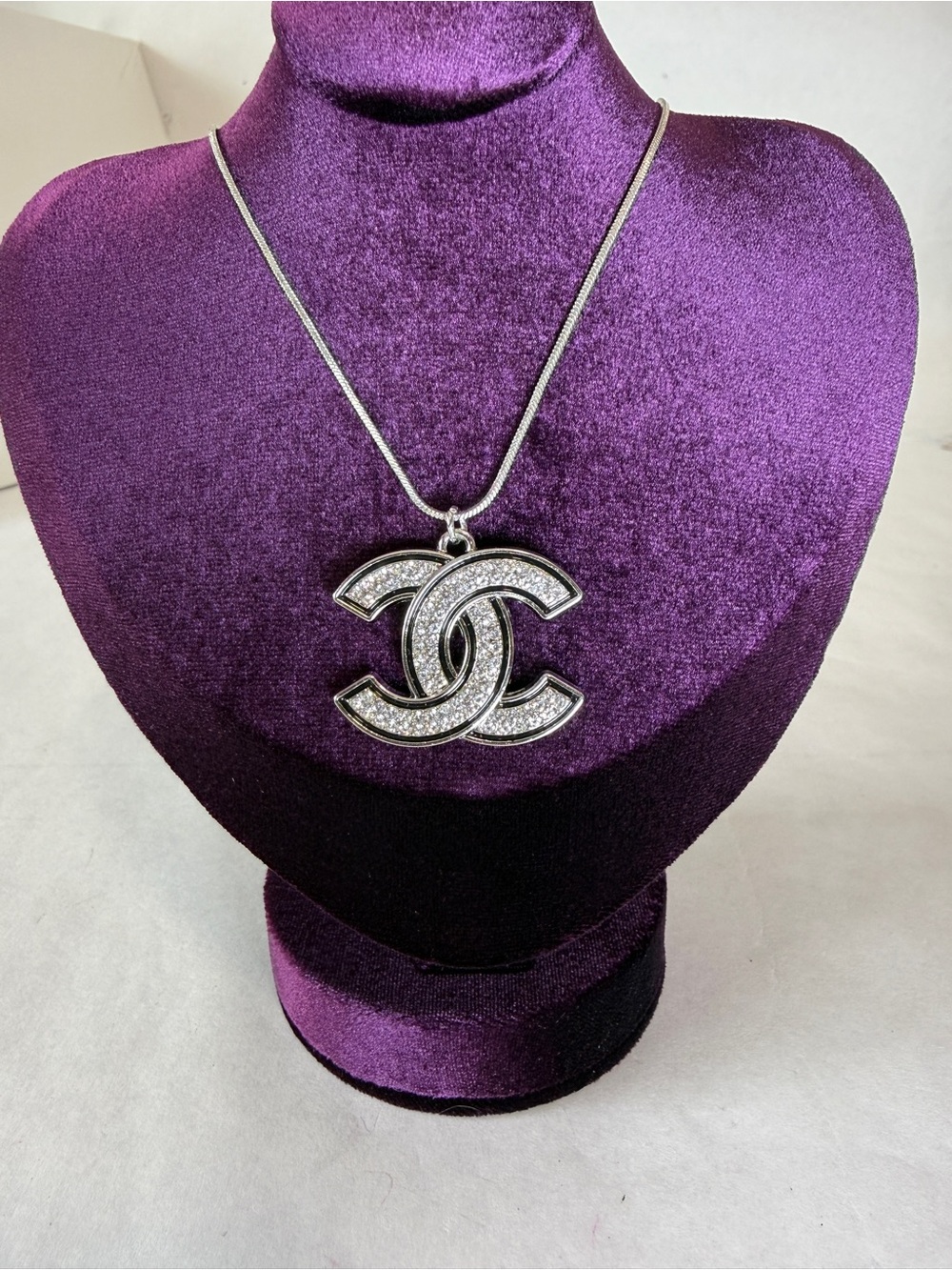 Vintage Chanel Rhinestone Silver Toned Pendant With Chain Classic Double C